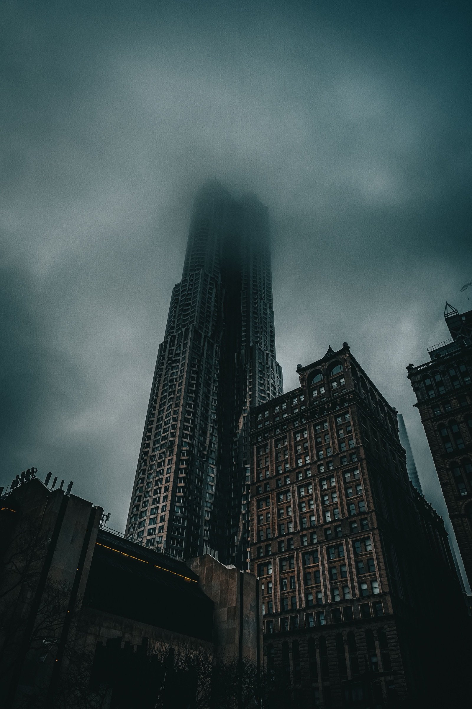 Tribeca skyscraper facade in fog